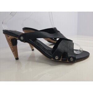 Diesel Black Strappy Open Toe Pumps Faux Wood Design Heel Great Traction Sz 7